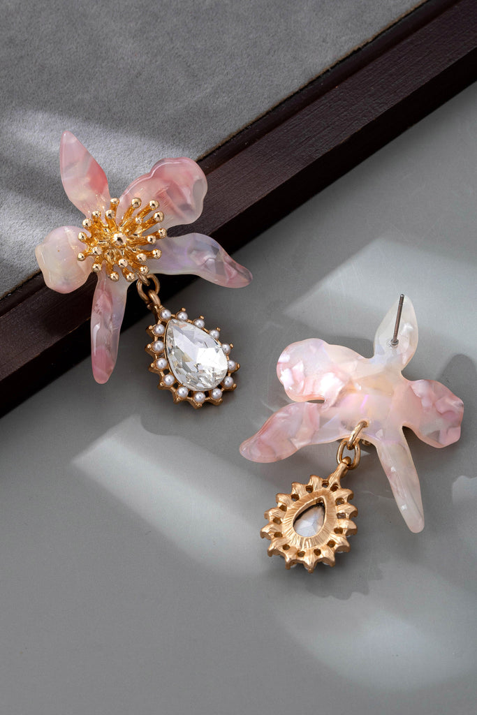 RHINESTEONE DROP FLORAL PINK TORT EARRINGS | 80E61428