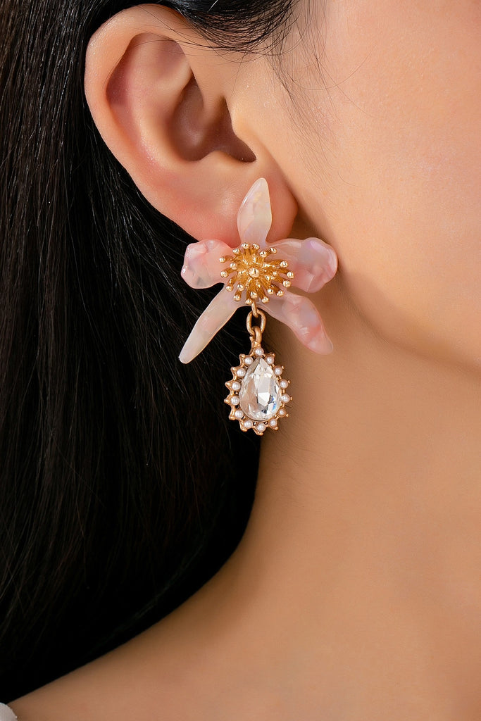 RHINESTEONE DROP FLORAL PINK TORT EARRINGS | 80E61428
