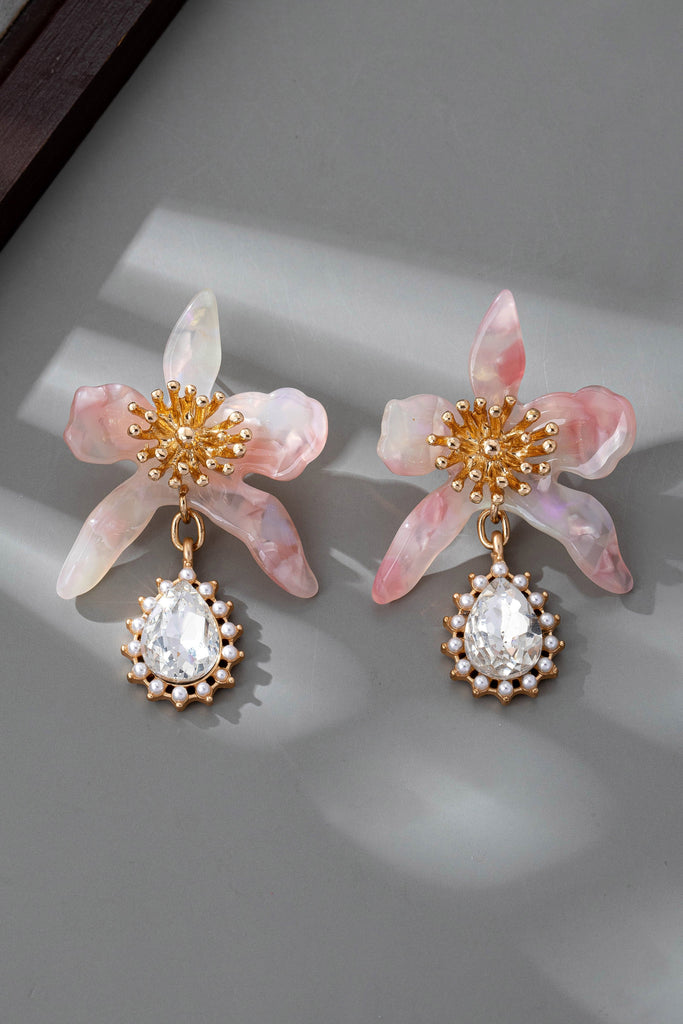 RHINESTEONE DROP FLORAL PINK TORT EARRINGS | 80E61428
