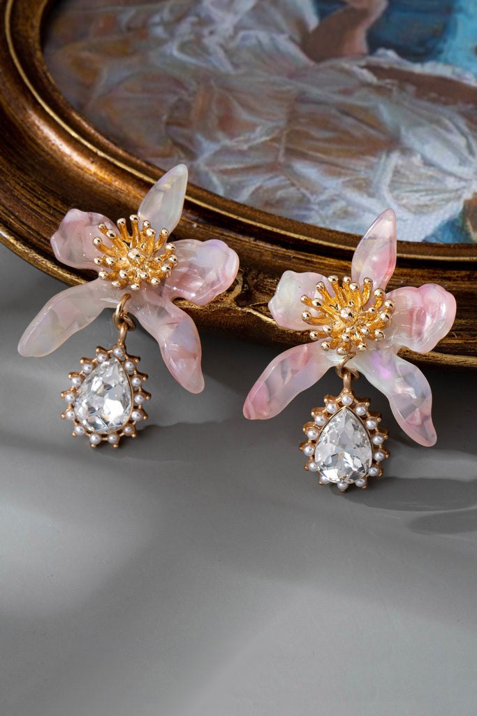 RHINESTEONE DROP FLORAL PINK TORT EARRINGS | 80E61428