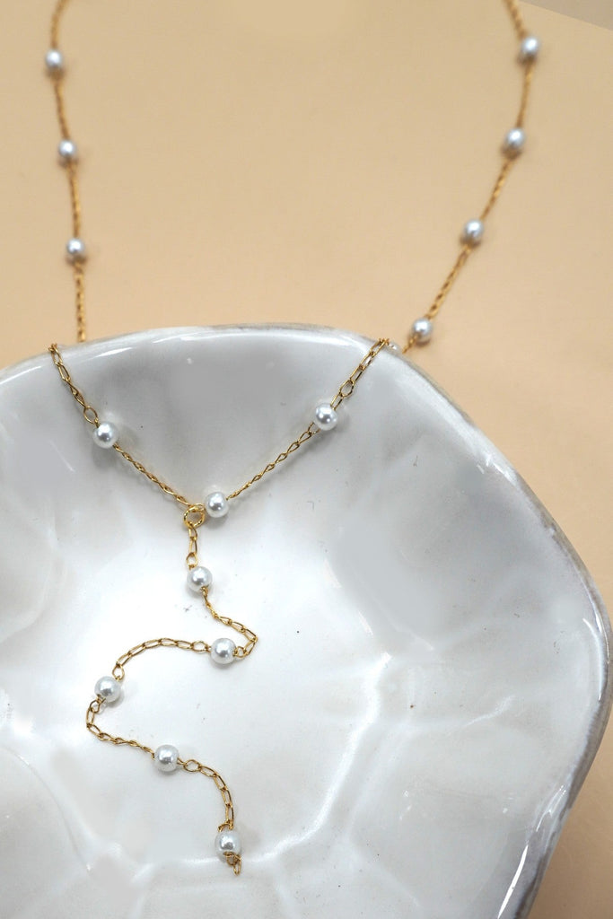 18K STAINLESS STEEL TARNISH FREE PEARL Y NECKLACE | 40NK9613