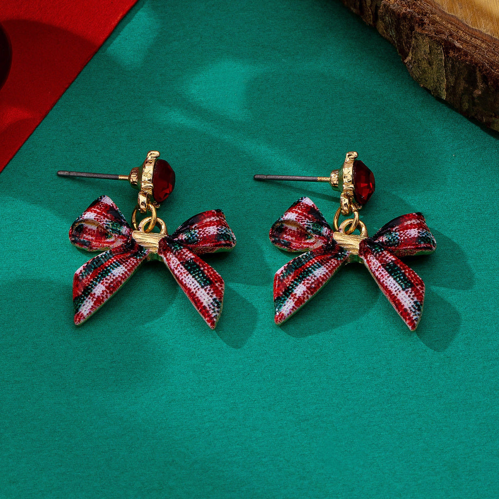 Tartan Plaid Bow Red Rhinestone Drop Earrings | 80E63572