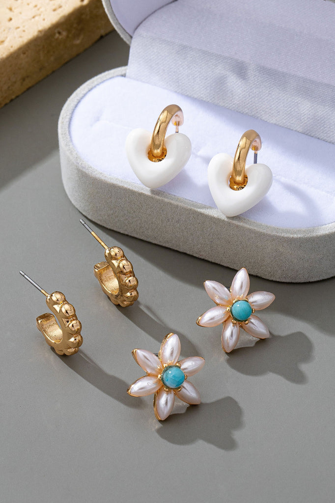 HUGGIE HOOP BALL FLORAL HEART TRIO EARRINGS | 80E61540