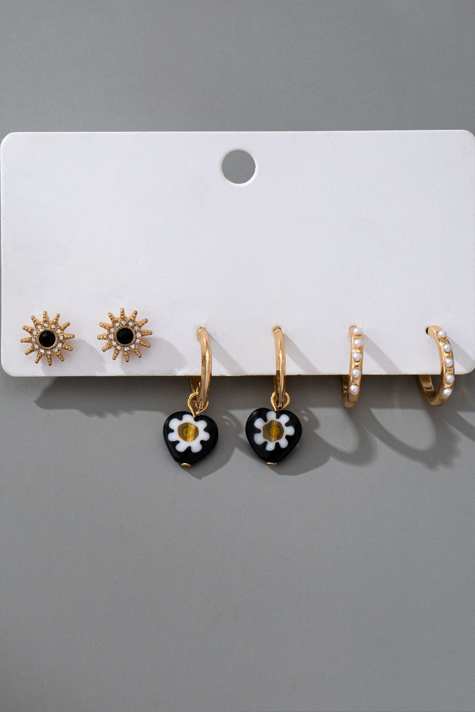 HUGGIE BALL STUD FLORAL DROP PEARL TRIO EARRINGS | 80E61515