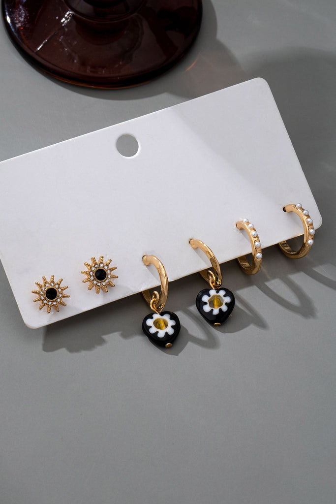 HUGGIE BALL STUD FLORAL DROP PEARL TRIO EARRINGS | 80E61515