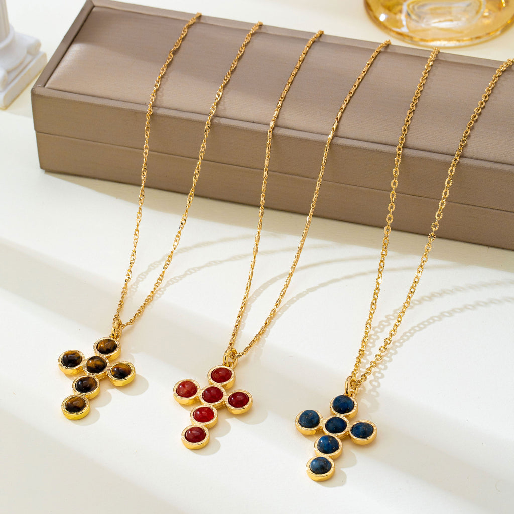 Natural Gemstone Round Cabochon Cross Necklace | 80N93836