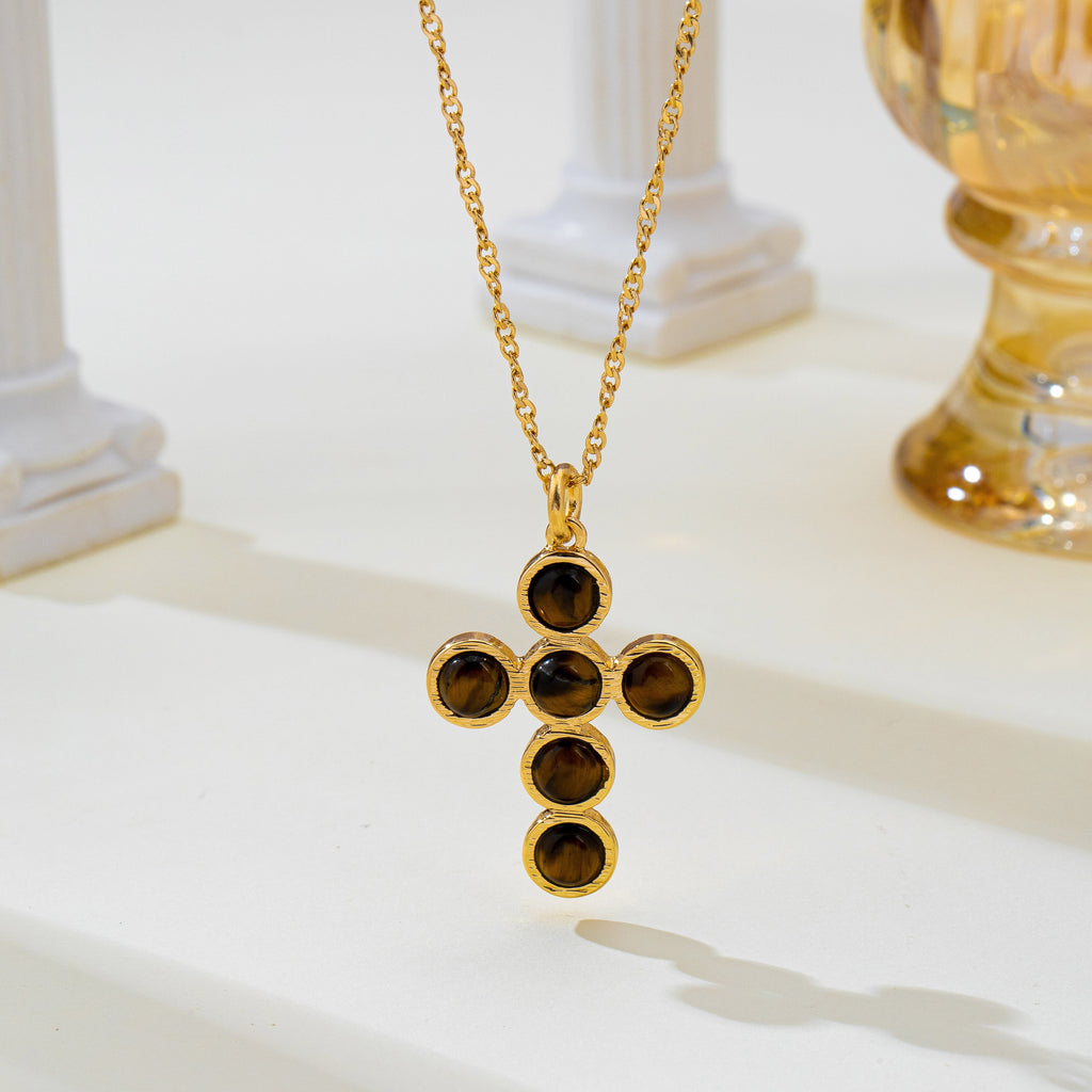 Natural Gemstone Round Cabochon Cross Necklace | 80N93836