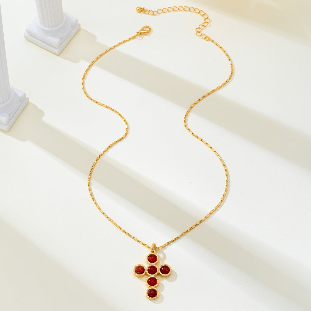 Natural Gemstone Round Cabochon Cross Necklace | 80N93836