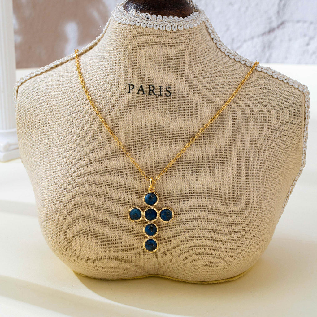 Natural Gemstone Round Cabochon Cross Necklace | 80N93836