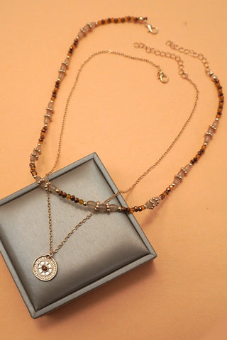 MULTI LAYER BEADED CHAIN COIN CHARM NECKLACE | 40NK9622