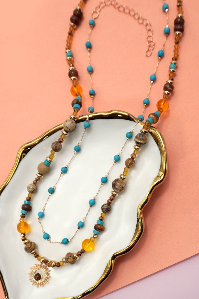 MULTI LAYER  NATURAL STONE CHAIN CHARM NECKLACE | 40NK9625
