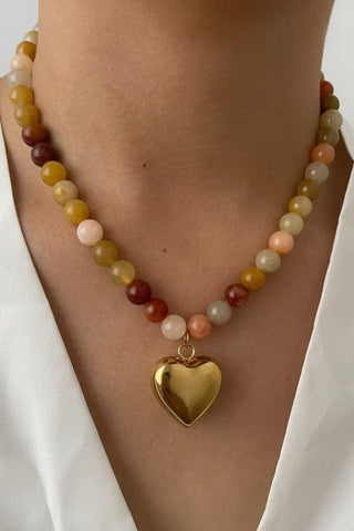 MULTI EARTHY NATURAL STONE HEART CHARM NECKLACE | 40NK9629