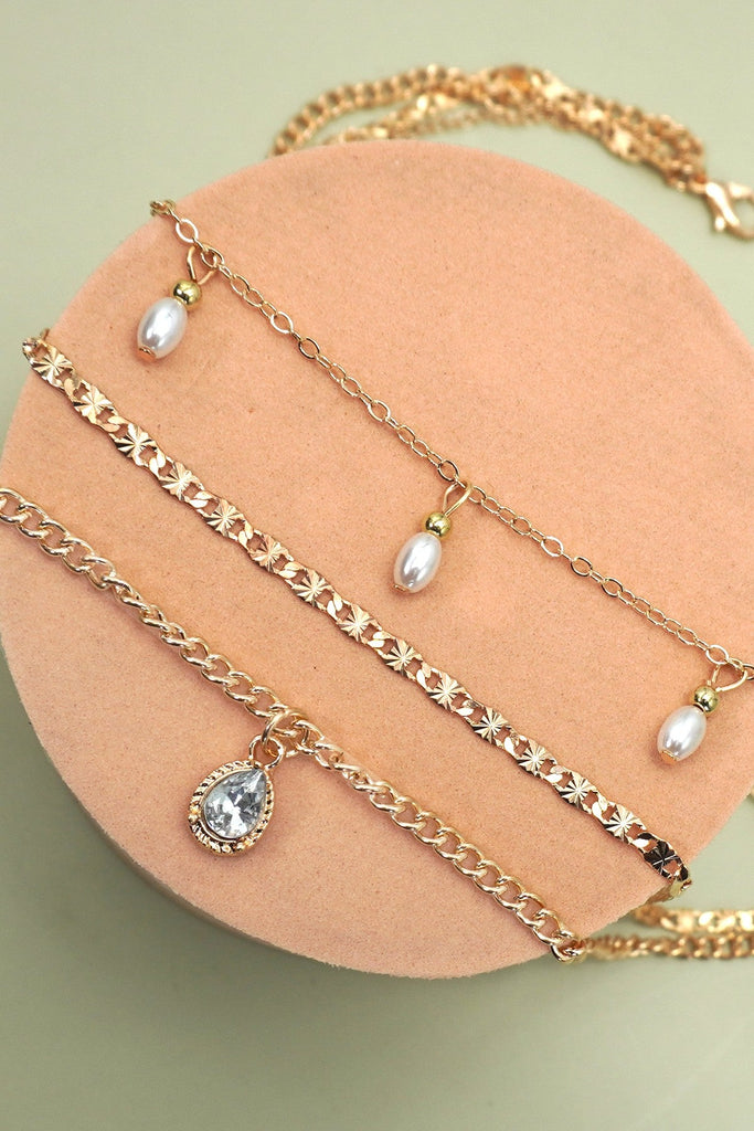 MULTI LAYER STONE CHAIN TEARDROP CHARM NECKLACE | 40NK9637
