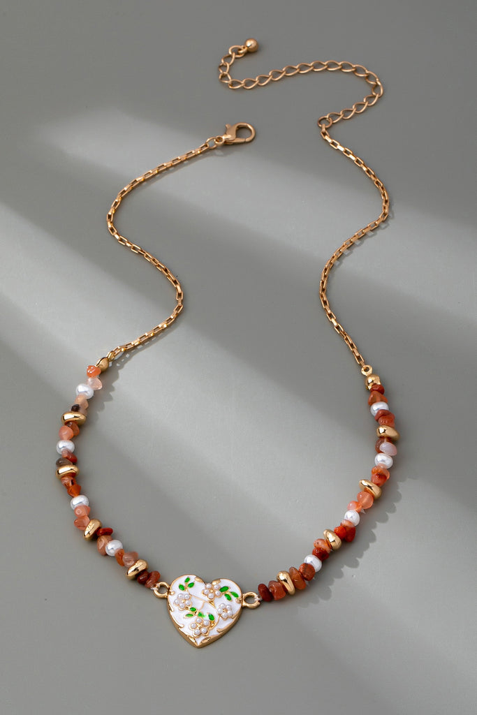 BEADED STONE CHAIN FLORAL PEARL HEART CHARM | 80N92646