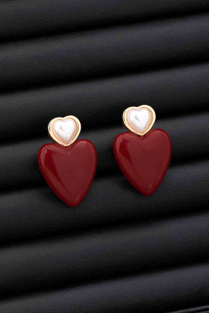 DOUBLE HEART PEARL RED HEART DROP EARRINGS | 80E61544