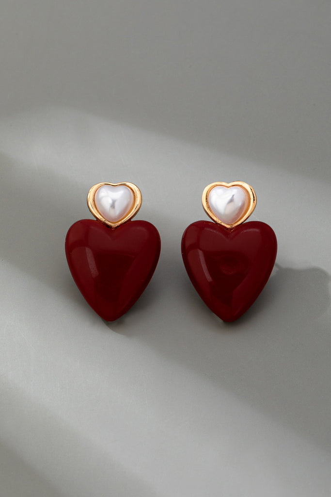DOUBLE HEART PEARL RED HEART DROP EARRINGS | 80E61544