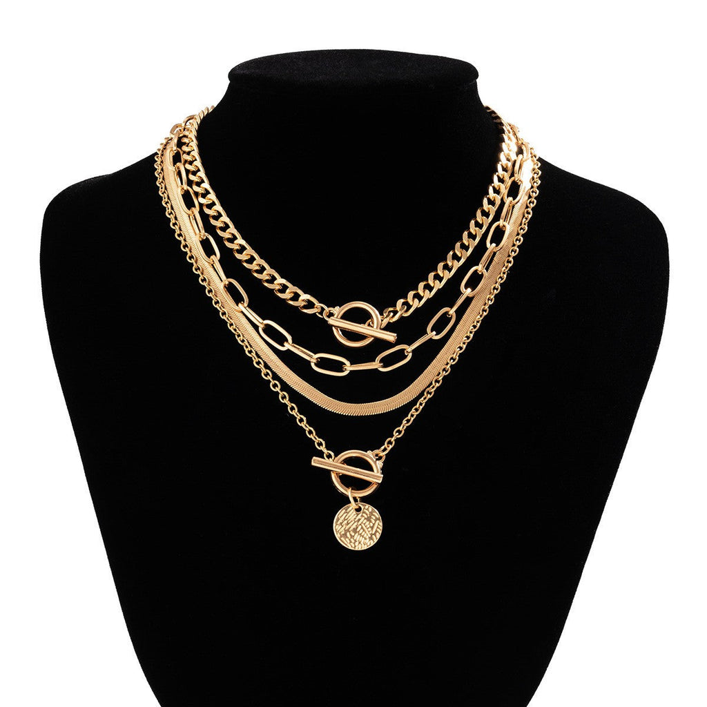 MULTI LAYER TOGGLE HERRINGBONE COIN CHARM NECKLACE | 40NK9651