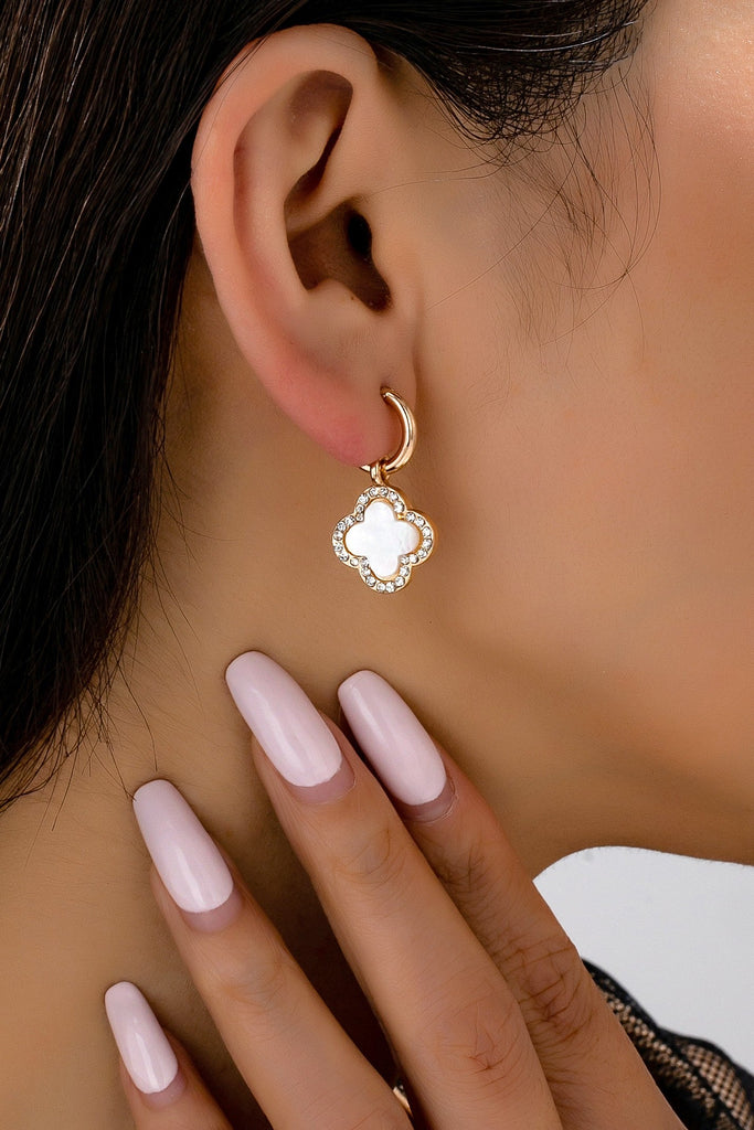 MOP Rhinestone Clover Drop Hoop Earrings | 80E61604