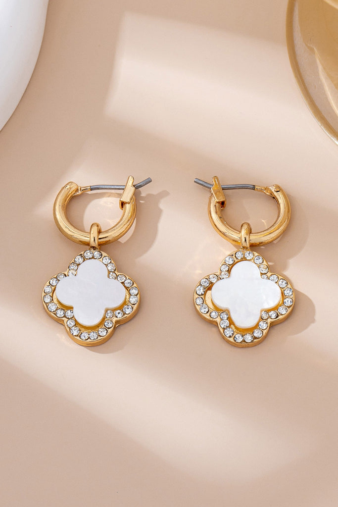 MOP Rhinestone Clover Drop Hoop Earrings | 80E61604