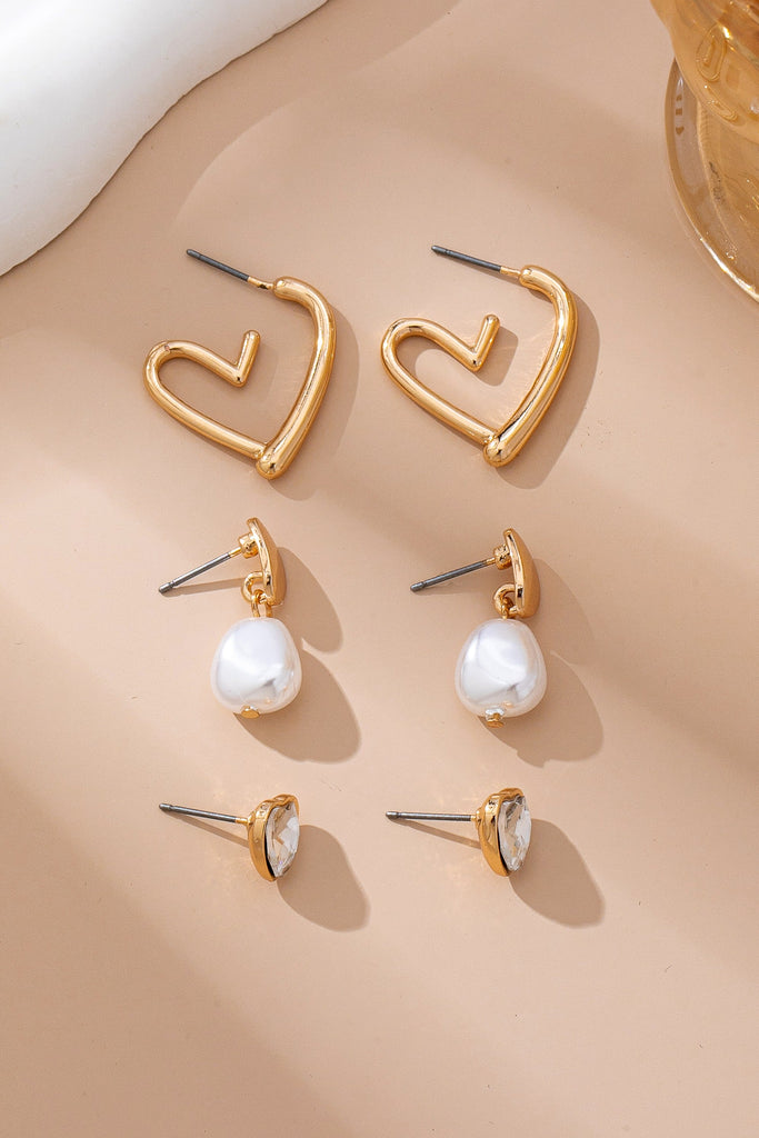 Trio Gold-Tone Pearl & Crystal Earring Set | 80E61609