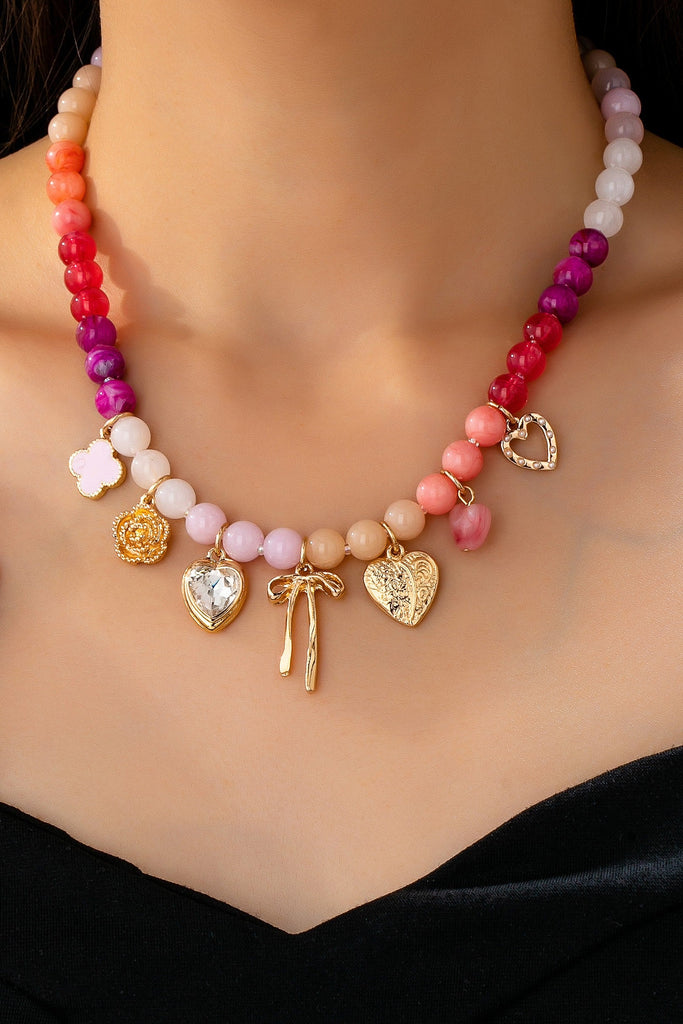 Pastel Beaded Bow Heart Flower Charm Necklace | 80N92704