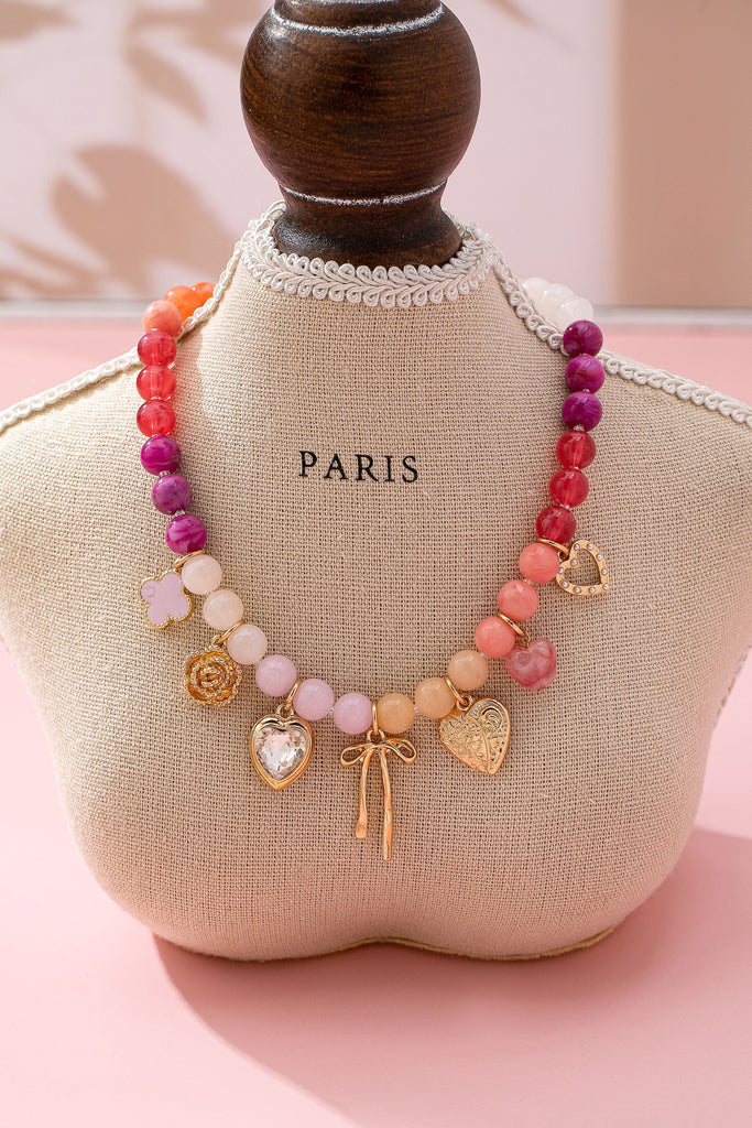 Pastel Beaded Bow Heart Flower Charm Necklace | 80N92704