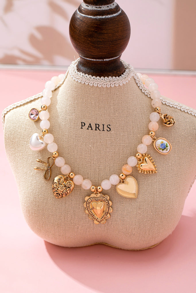 White Beaded Porcelain heart Multi-Charm Necklace | 80N92684