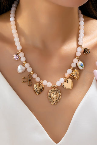 White Beaded Porcelain heart Multi-Charm Necklace | 80N92684