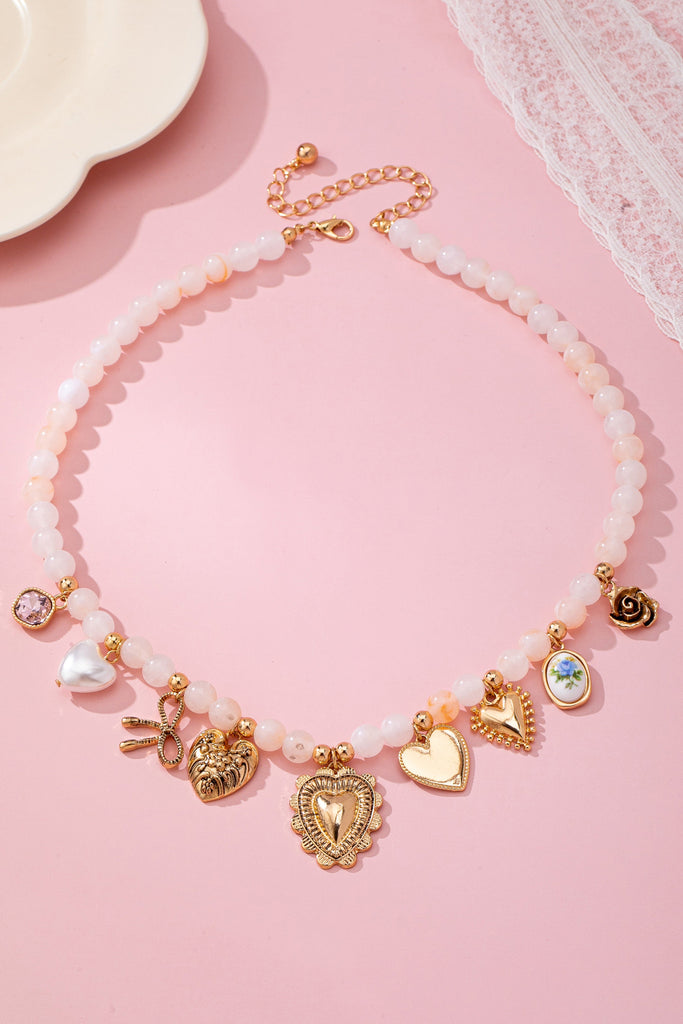 White Beaded Porcelain heart Multi-Charm Necklace | 80N92684