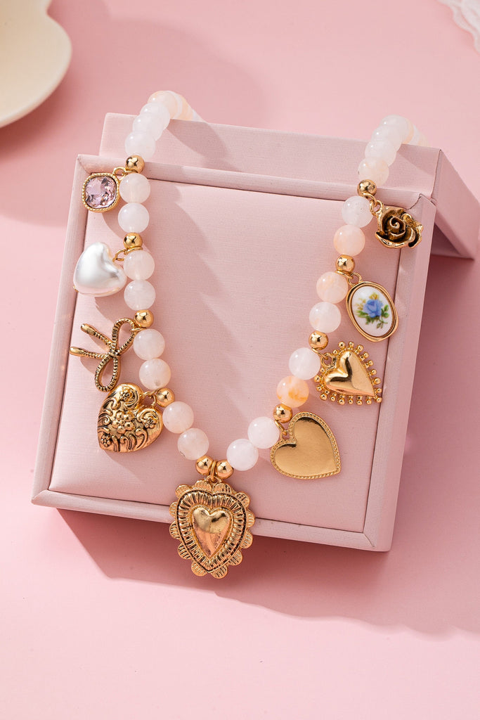 White Beaded Porcelain heart Multi-Charm Necklace | 80N92684