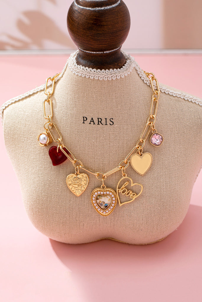 CHARM NECKLACE-PORCELAIN HEART RHINESTONE PEARL | 80N92696