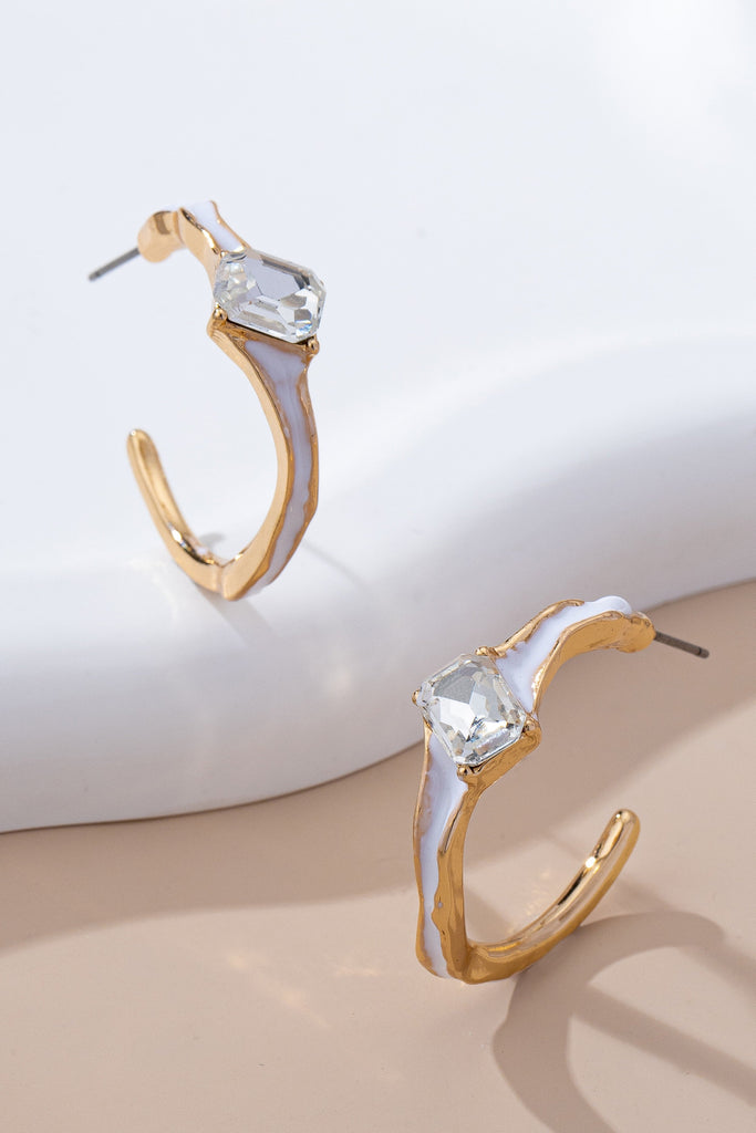 White Enamel & Crystal Gold Hoop Earrings | 80E61644