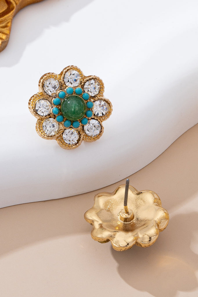 Turquoise & Crystal Flower Stud Earrings | 80E61654