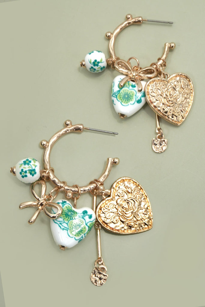 Chinoiserie Heart Charm Hoop Earrings | 80E61659