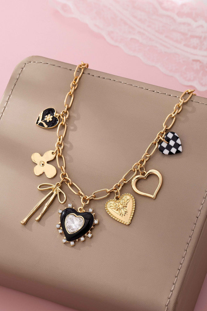 CHARM NECKLACE-BOW CHECKER HEART RHINESTONE | 80N92728