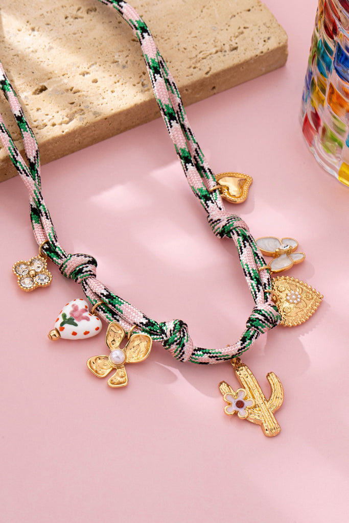 Pink Cord Charm Necklace - Bohemian Multi-Charm | 80N92743