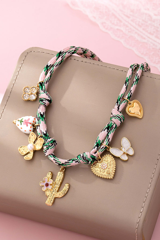 Pink Cord Charm Necklace - Bohemian Multi-Charm | 80N92743