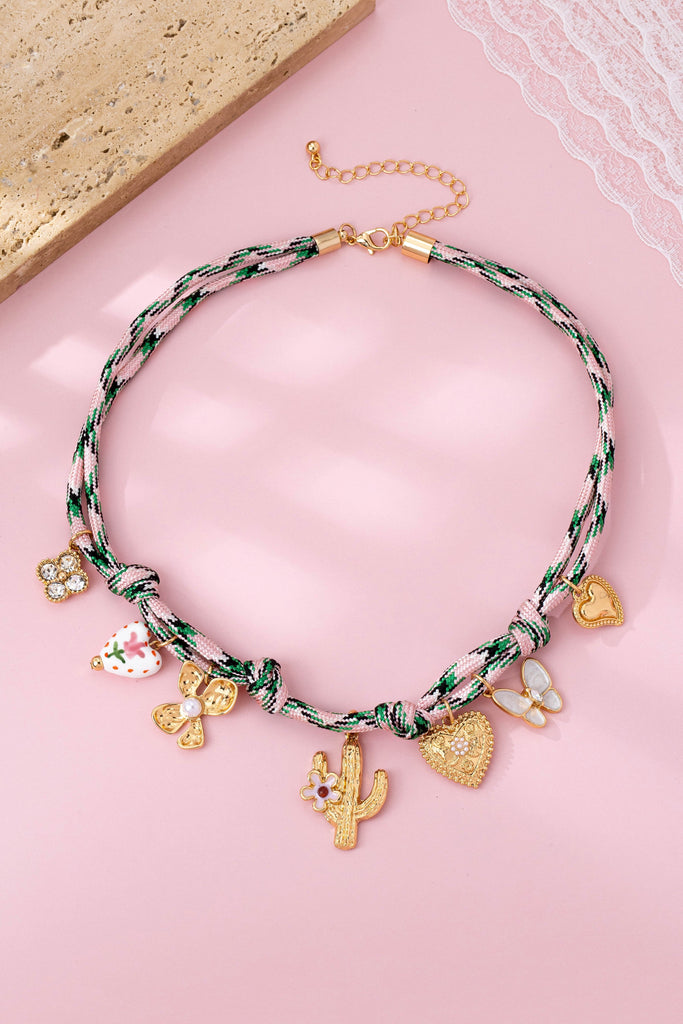 Pink Cord Charm Necklace - Bohemian Multi-Charm | 80N92743