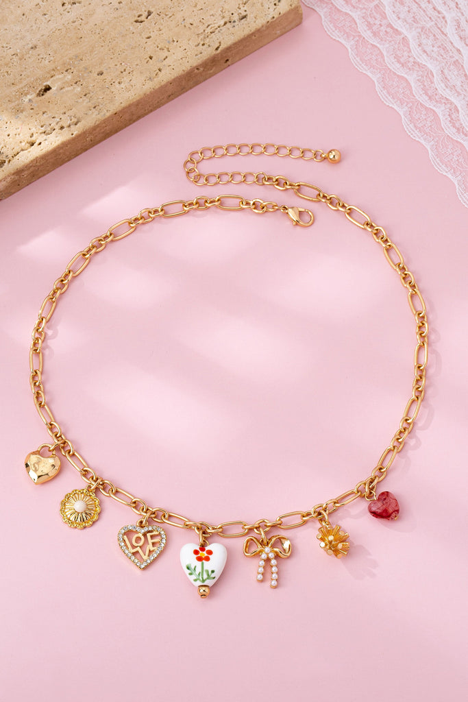 Gold Figaro Chain Multi-Charm Statement Necklace | 80N92748