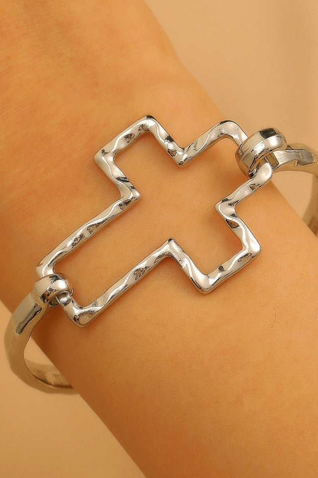 Hammered Open Cross Bangle - Silver or Gold | 40B5235