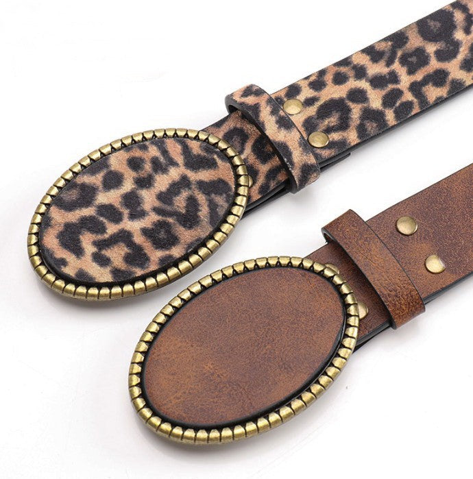 Western Oval Buckle Faux Leather & Leopard Belt | 40BT660