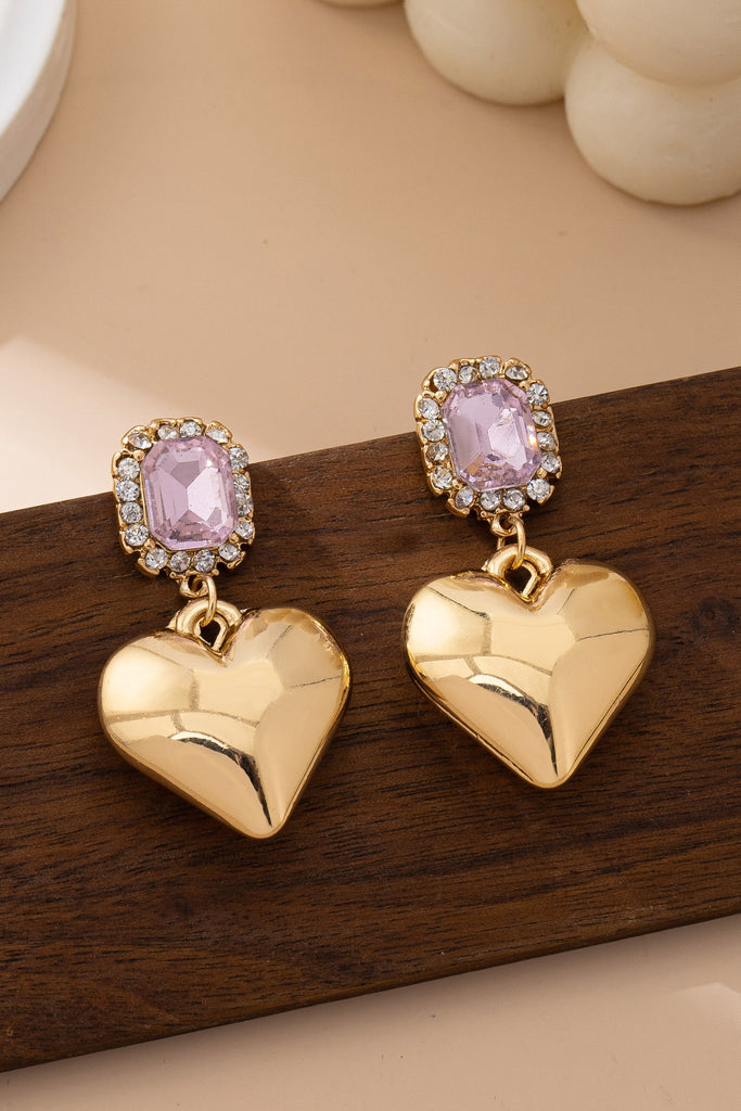 Gold Puffy Heart & Crystal Drop Earrings | 80E61850