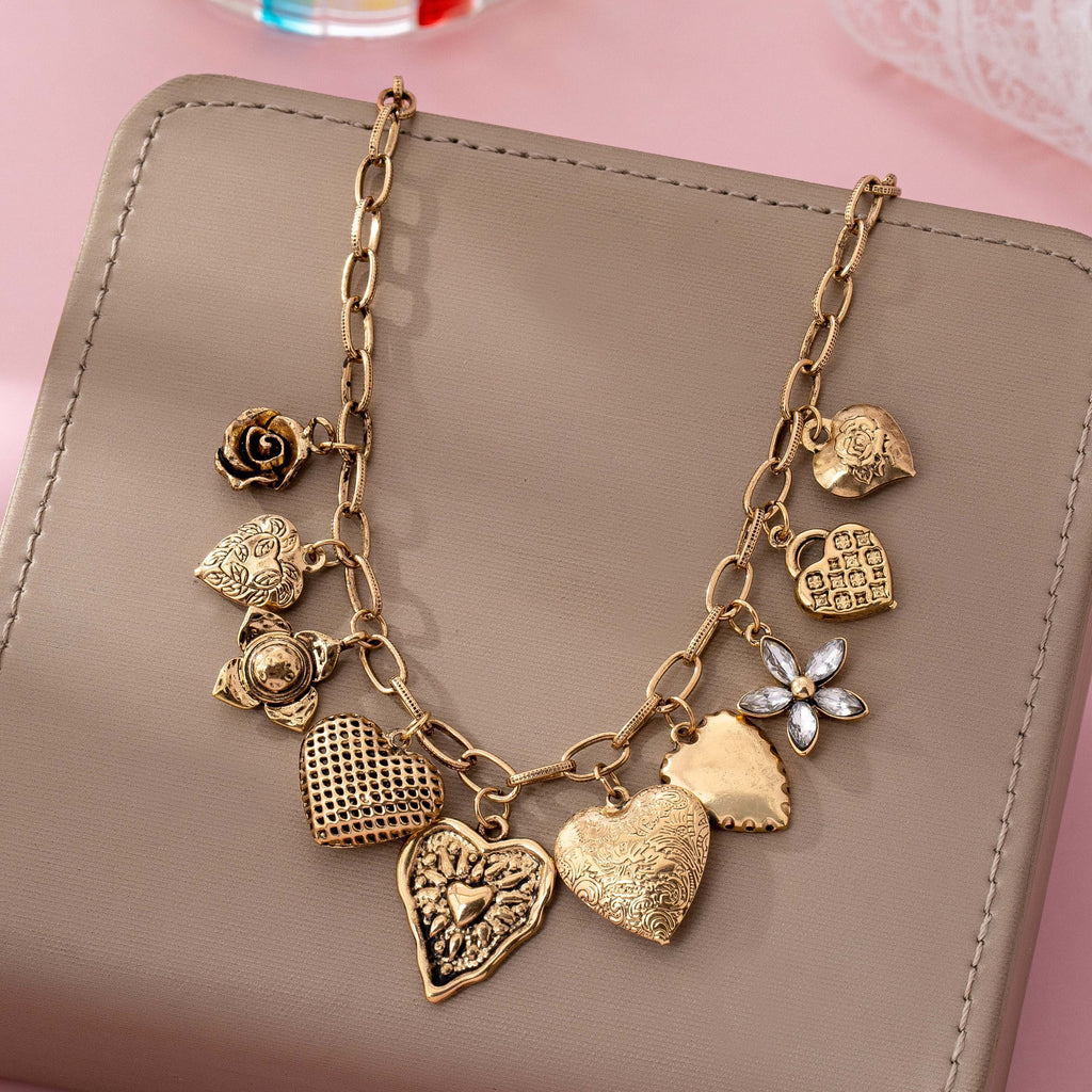 Vintage Gold-Tone Heart Charm Cluster Necklace | 80N92793