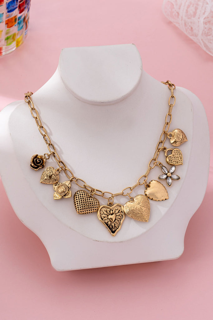 Vintage Gold-Tone Heart Charm Cluster Necklace | 80N92793
