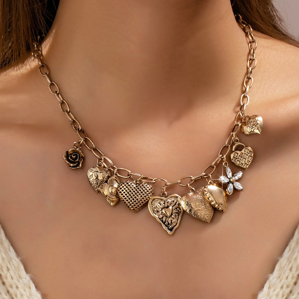 Vintage Gold-Tone Heart Charm Cluster Necklace | 80N92793