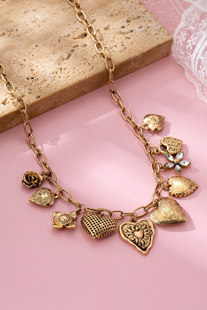 Vintage Gold-Tone Heart Charm Cluster Necklace | 80N92793