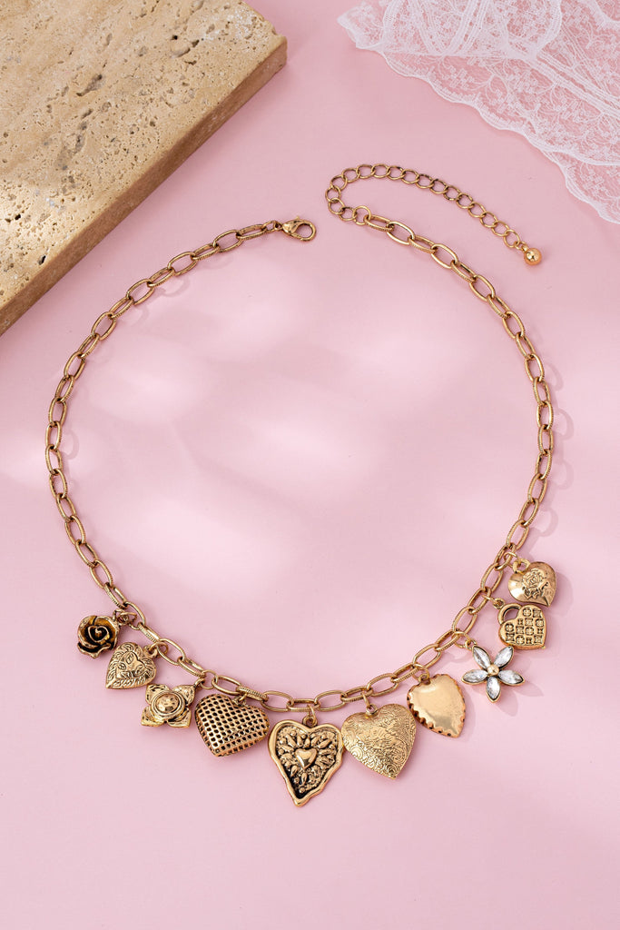Vintage Gold-Tone Heart Charm Cluster Necklace | 80N92793