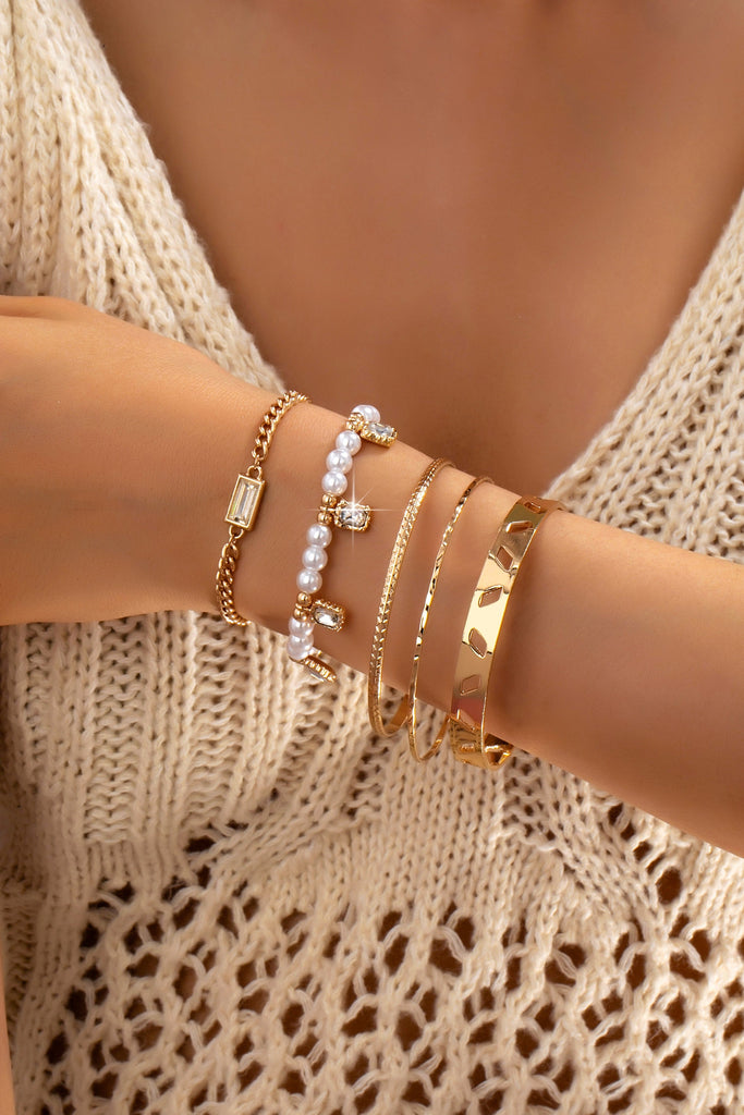 Gold Pearl & Crystal Drop Layered Bracelet Set | 80B1618