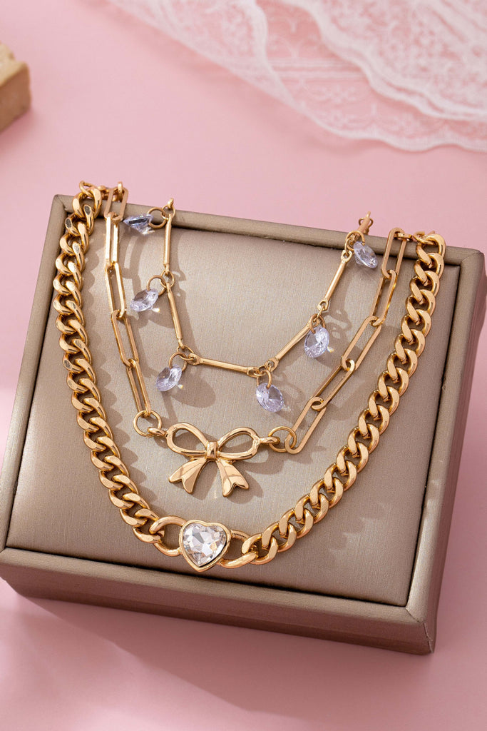 Bow & Crystal Heart Charm Layered Bracelet Set | 80B1628