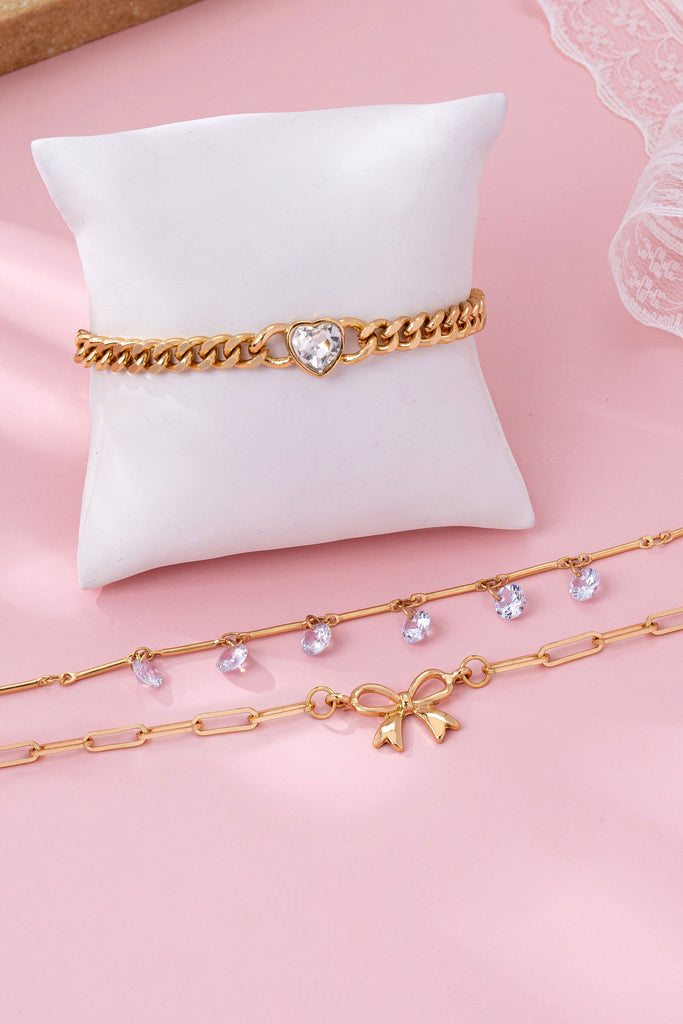 Bow & Crystal Heart Charm Layered Bracelet Set | 80B1628